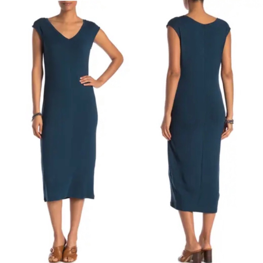 NWT Philosophy V-Neck Cap Sleeve Knit Midi Dress teal blue.